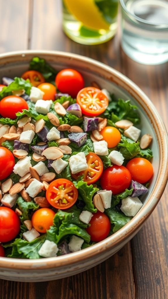 A colorful kale salad with tomatoes, feta, and almonds in a rustic bowl on a wooden table.